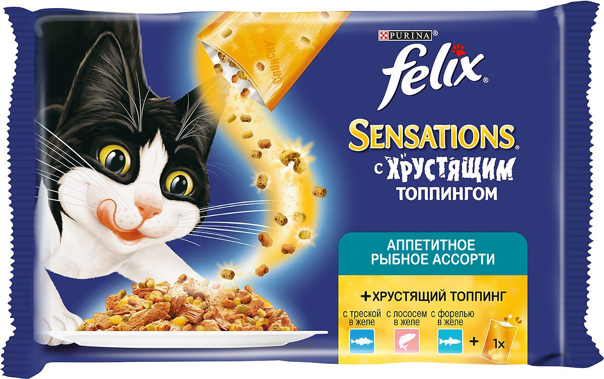 Каталог felix sensations crunchy влажный корм для взрослых кошек, лосось  форель и треска хрустящий топпинг рыбное ассорти от интернет зоомагазина  зооград.рф - Интернет-магазин Зооград